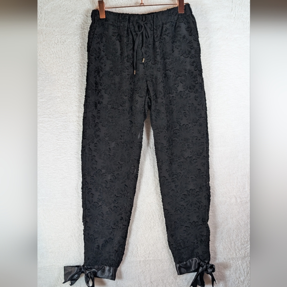 521-Zara Black Textured Jogger Pants with‎ Ribbon Ties And Waistband